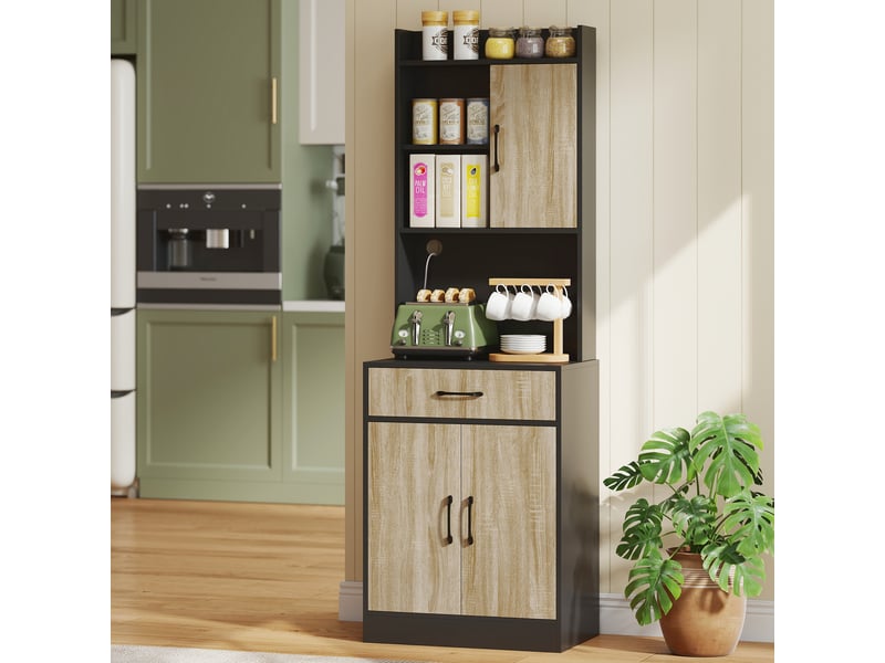  Meuble de cuisine avec plan de travail et passe-câbles, commode de cuisine moderne avec tiroir, 3 étagères ouvertes, bois naturel, noir  - Conforama C