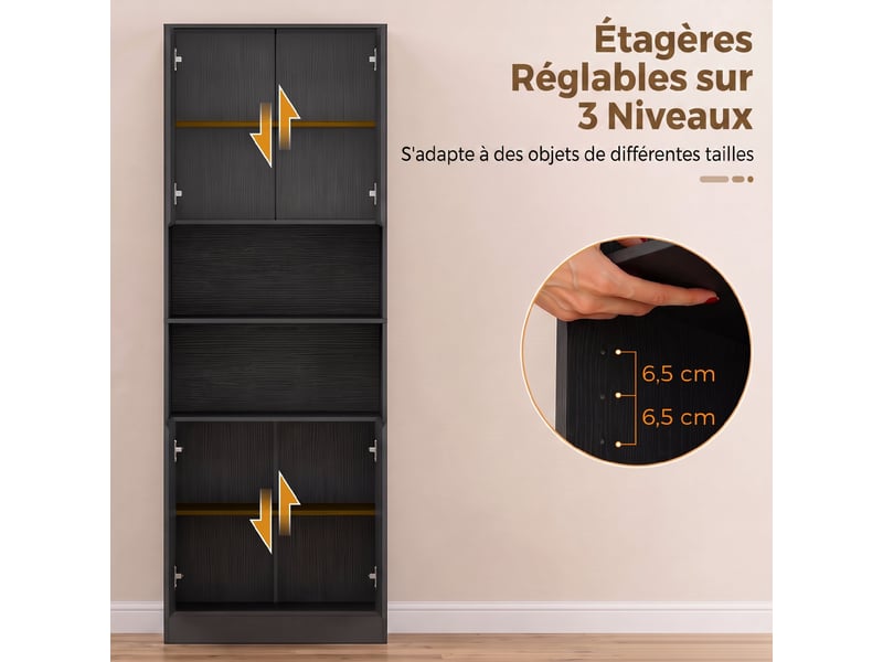  Buffet haut cuisine, armoire de cuisine, 2 compartiments ouverts et étagères réglables, 4 portes à fermeture douce, noir  - Conforama R