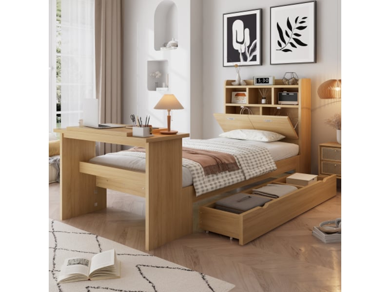  Lit enfant 90x200 cm avec rangements – tête de lit, étagère, tiroir coulissant, table pliante, bois naturel  - Conforama B