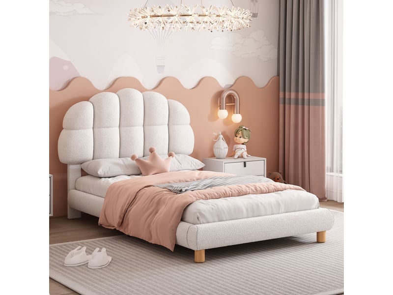  Lit rembourré 90 x 200 cm tête de lit nuage, bouclé doux blanc - lit simple - sommier inclus, design enfant, chambre moderne, stable  - Conforama A