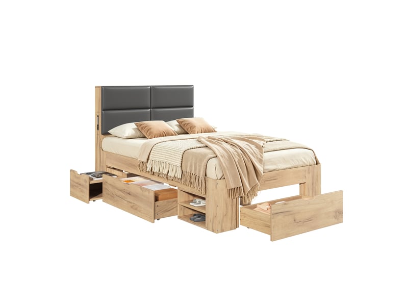 Lit avec rangement 90x200 cm naturel, veilleuse et ports usbusb-c - Conforama A