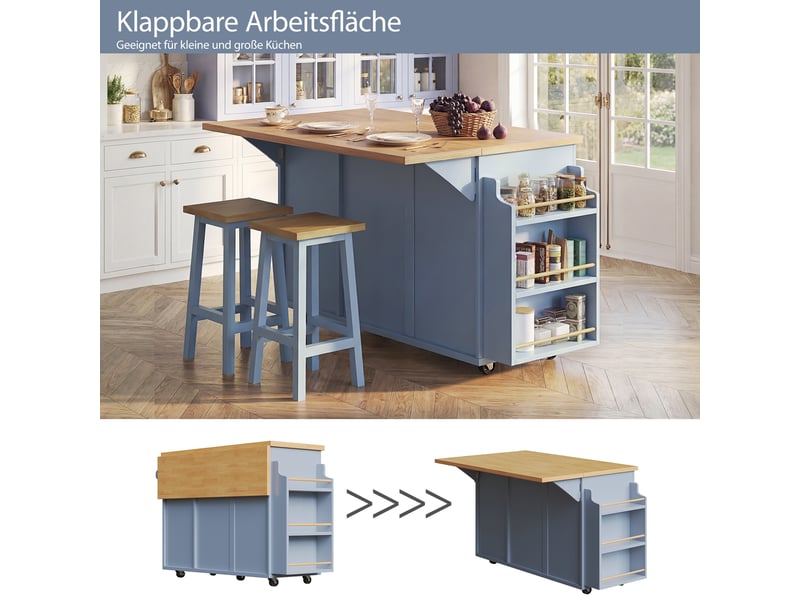  Desserte de cuisine 143 × 4575 × 91 cm en mdf et métal, tiroirs, panier à vin amovible, rangement latéral et roulettes  - Conforama C