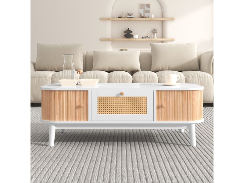  Table basse en rotin et bois massif avec tiroirs, table de salon blanche et bois 110x55x38.5 cm  - Conforama C
