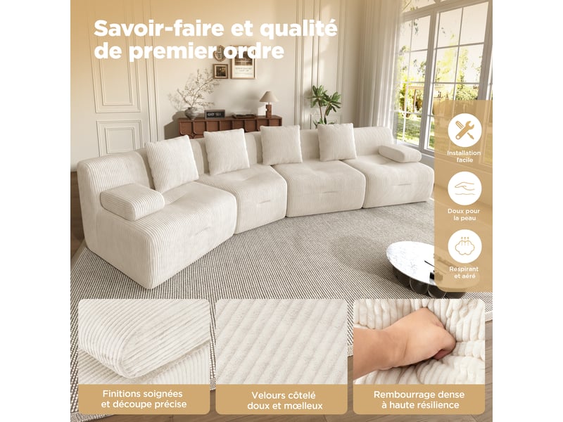 Canapé modulable 4 places en velours côtelé beige clair, sans montage, charge 400 kg, design moderne pour salon, 311x90x65cm - Conforama W