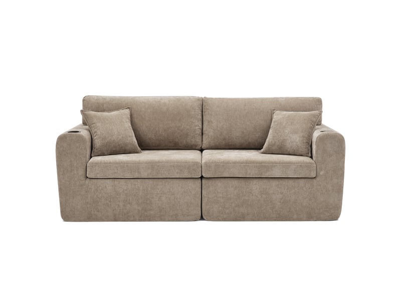  Canapé droit 2 pl 220x100x89 cm, coussins, porte-gobelet, rangement latéral, canapé salon petit espace, revêtement chenille marron  - Conforama A