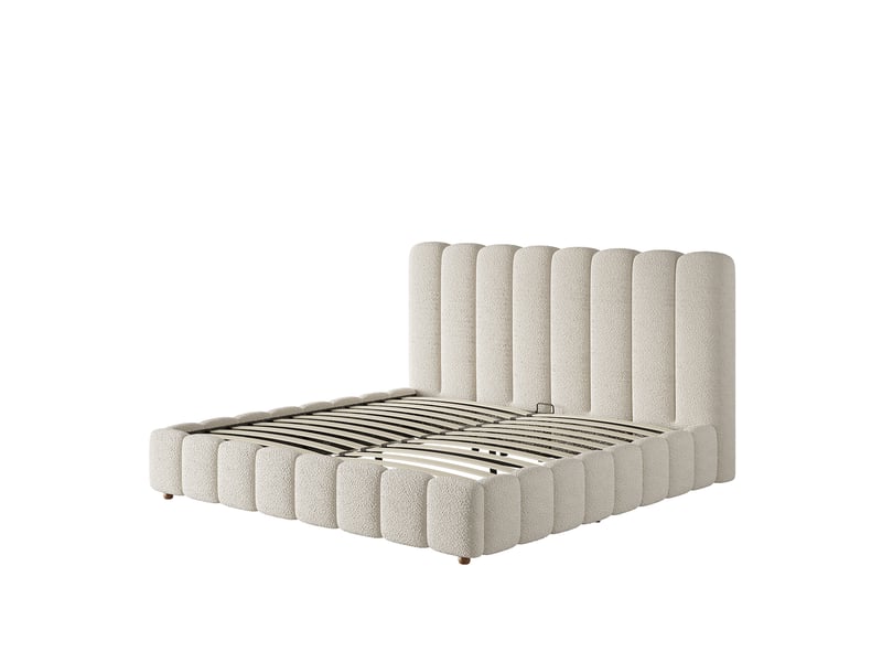  Lit rembourré, lit double, 160 x 200 cm, lit fonctionnel hydraulique, sommier à lattes, tête de lit et grand espace de rangement, tête de lit rembourrée, bouclé blanc  - Conforama E