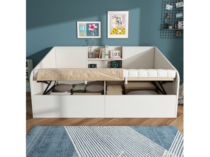  Lit coffre 90 x 190 cm design minimaliste grand rangement ports usb et type-c sommier inclus bois blanc sans matelas  - Conforama D