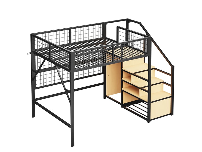 Lit mezzanine 140 x 200 cm, escalier, penderie ouverte, éclairage led intégré, commande par application, pour aménager la chambre, métal, noir ABC - Conforama A