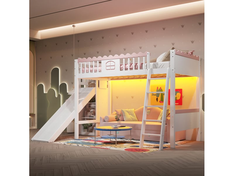  Lit mezzanine pour enfant 90x200 cm avec toboggan, led, 3 étagères et rangements, blanc  - Conforama E