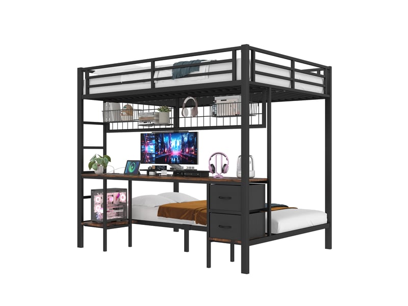  Lit superposé enfant 140x200 cm avec bureau led et rangements noir  - Conforama A