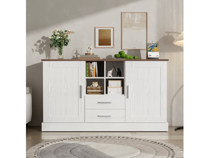 Buffet 140 x 40 x 79,5 cm blanc et brun, panneaux de particules, 2 portes, 2 tiroirs, 4 niches de rangement  - Conforama B