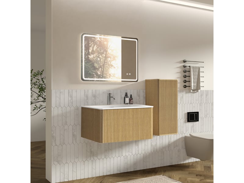  Ensemble meuble salle de bain suspendu miroir led et colonne coloris chêne 80 cm  - Conforama B