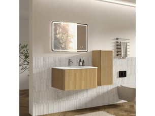 Ensemble meuble salle de bain suspendu miroir led et colonne coloris chêne 80 cm
