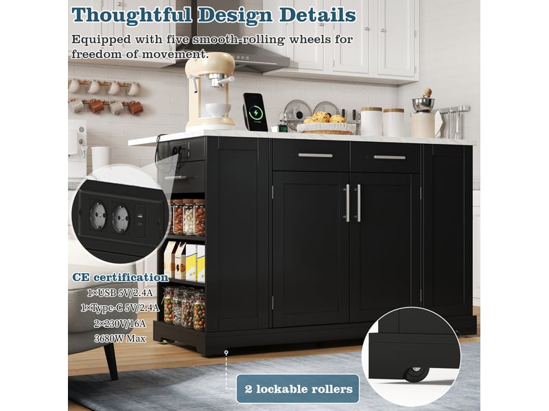  Desserte de cuisine avec plateau rabattable, prises et rangement coulissant pour déchets, en mdf noir, 138 × 86 × 92 cm  - Conforama E