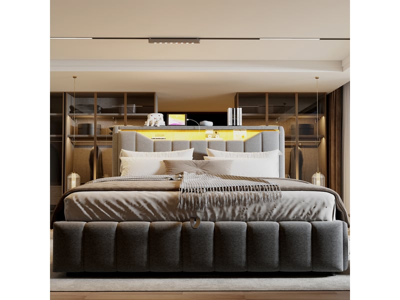  Lit coffre 180x200 cm à relevage hydraulique, tête de lit avec espace de rangement, led, ports usbusb-c, revêtement en lin, lit double rembourré - gris (sans matelas)  - Conforama E