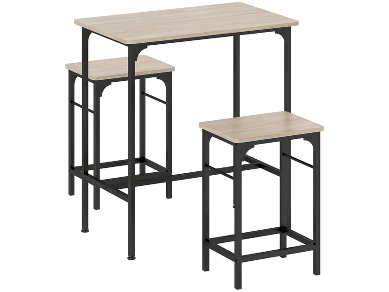  Ensemble table de bar avec 2 tabourets, cadre en acier pour cuisine, salle à manger et salon, effet bois naturel  - Conforama B