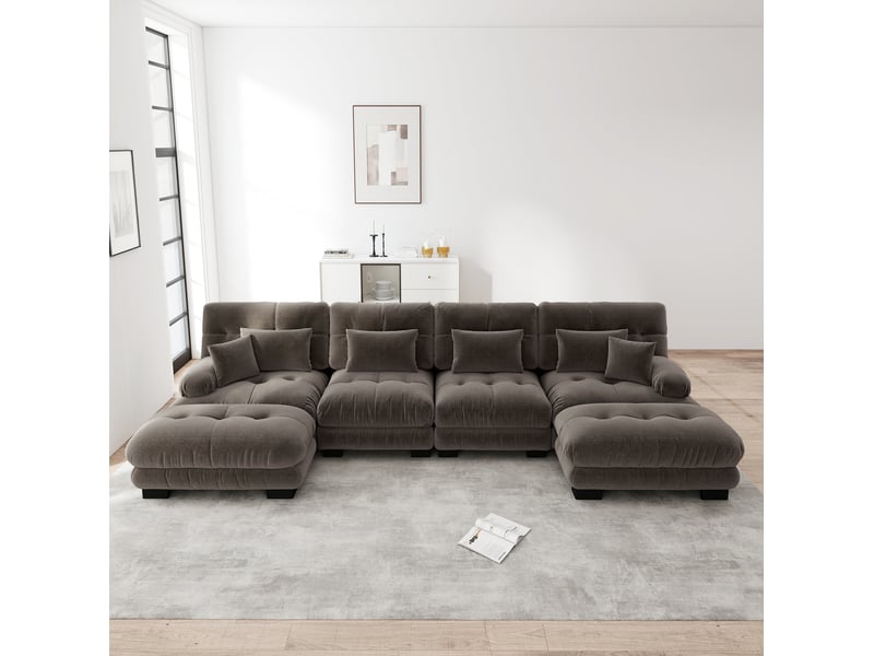  Canapé d'angle modulable ulevr 4 places avec poufs mobiles, configuration u, l ou droite, chenille marron, 406 x 145 x 81 cm  - Conforama B