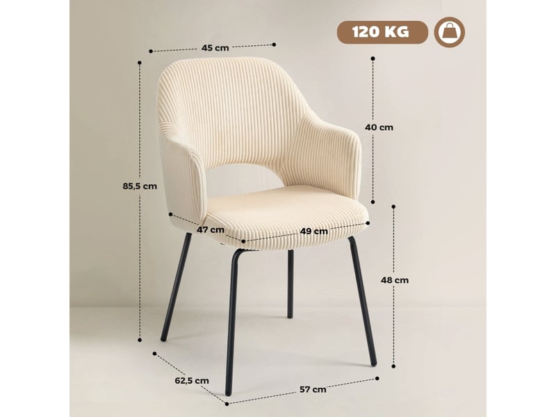  Chaise de salle à manger avec accoudoirs, forme enveloppante  - pieds en acier réglables, velours côtelé beige  - Conforama D