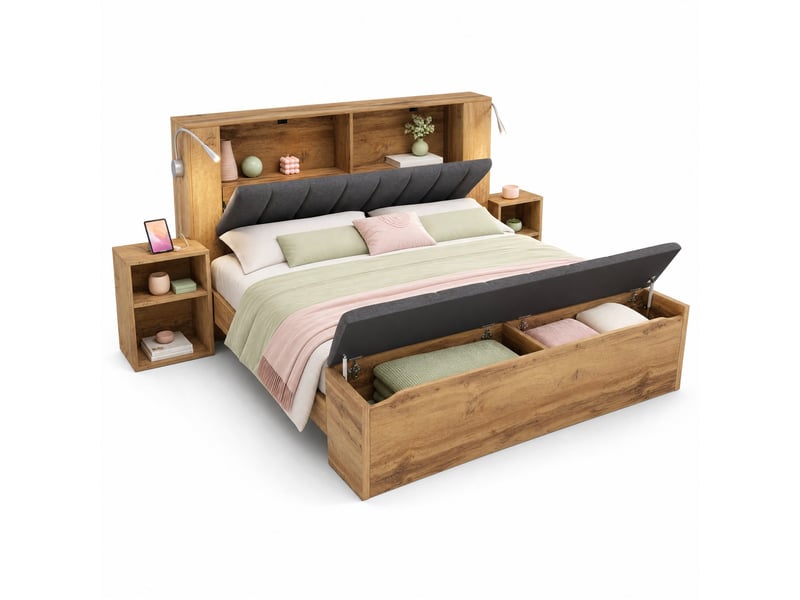  Lit double 160 x 200 cm coloris chêne avec chevets, banc de lit et lampes usb  - Conforama A