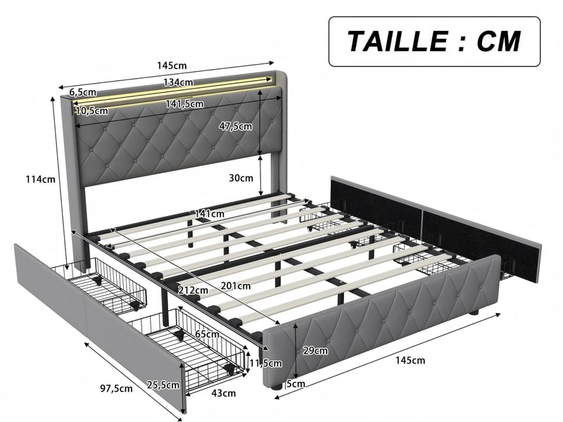  Lit 140x200 cm avec led- tête de lit avec étagère- lit capitonné pu gris- sommier à lattes inclus  - Conforama C