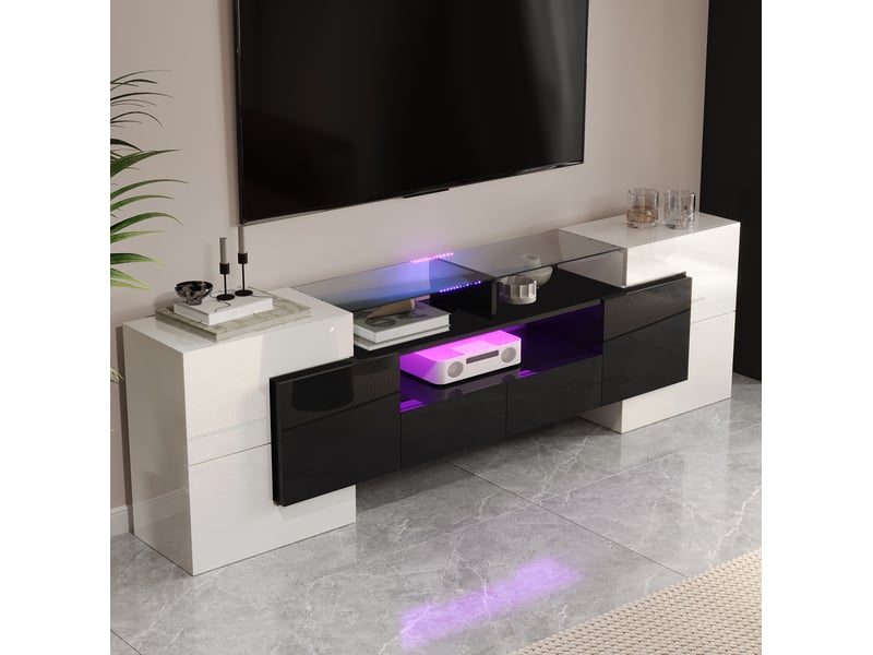  Meuble tv 200 cm blanc et noir brillant avec led, 6 portes et 2 tiroirs  - Conforama E
