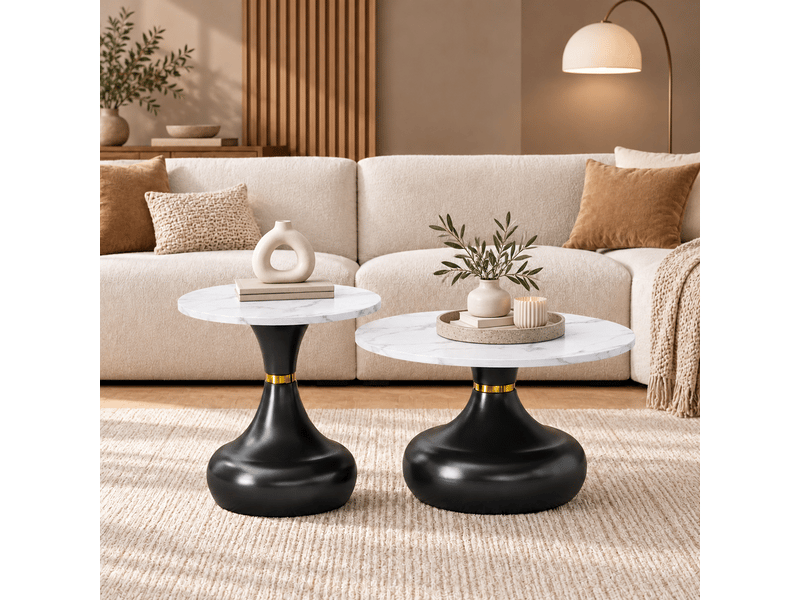  Table basse lot de 2 pièces tables rondes plateau effet marbre blanc piètement métal noir et doré  - Conforama B