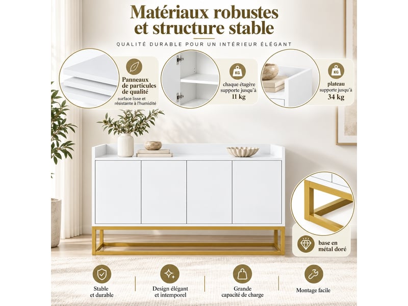  Buffet meuble de rangement 4 portes et étagère réglable, moderne, 120 x 30 x 80 cm blanc  - Conforama E