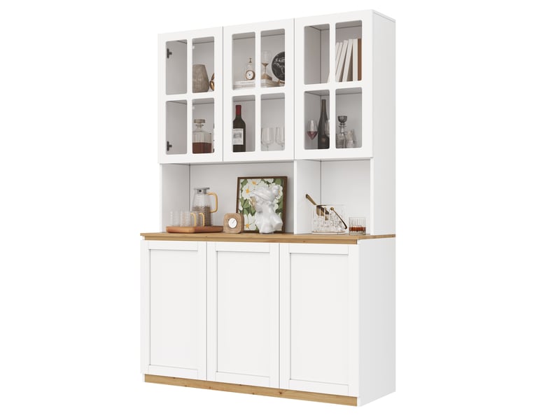  Vitrine buffet 120x200 cm avec led multicolore via app, portes vitrées vintage et 3 portes fermées, blanc et bois  - Conforama E