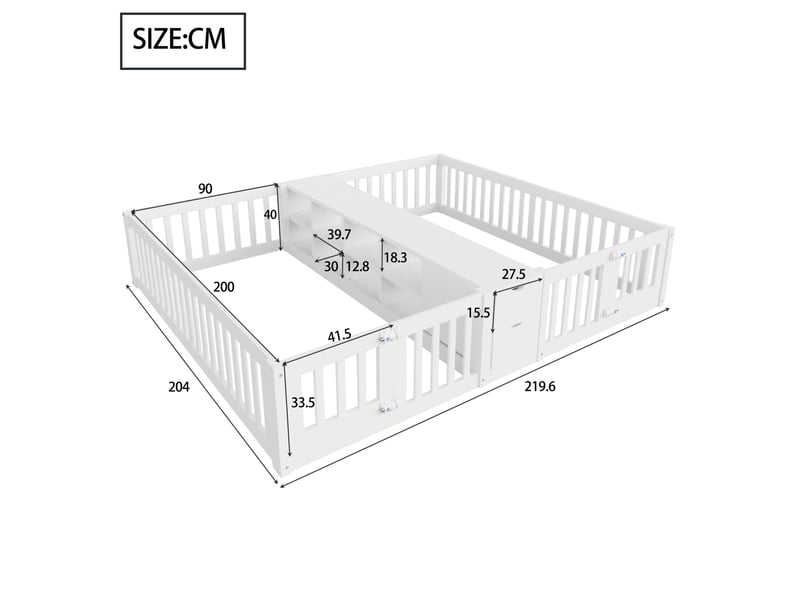 Lit enfant double 2 x 90 x 200 cm avec rangements et barrières de sécurité, blanc - Conforama C
