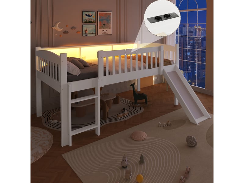 Lit mezzanine enfant 90 x 200 cm avec toboggan, 3 placards de rangement, led et port usb, barrière de sécurité et échelle, en bois blanc - Conforama B