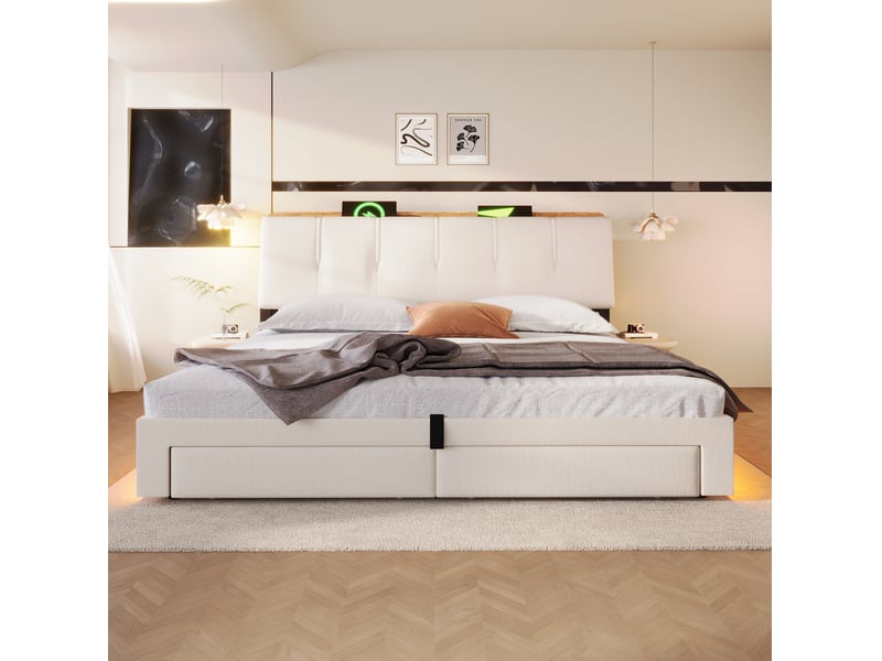  Lit coffre 180x200 cm beige en lin avec led, usb et usb-c  - Conforama D