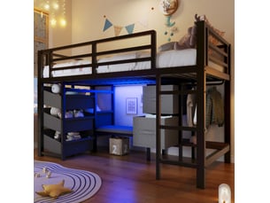 Lit mi-hauteur tcqpz 90 x 200 cm en métal noir avec coussin, éclairage led multicolore, rangements et zone de suspension