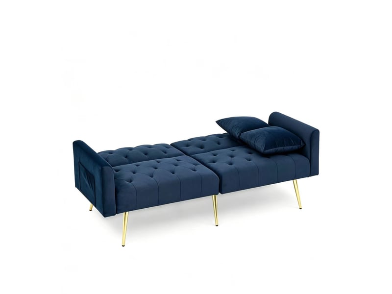  Canapé 2 places en velours bleu, dossier réglable 3 positions avec coussins et pieds métal  - Conforama E