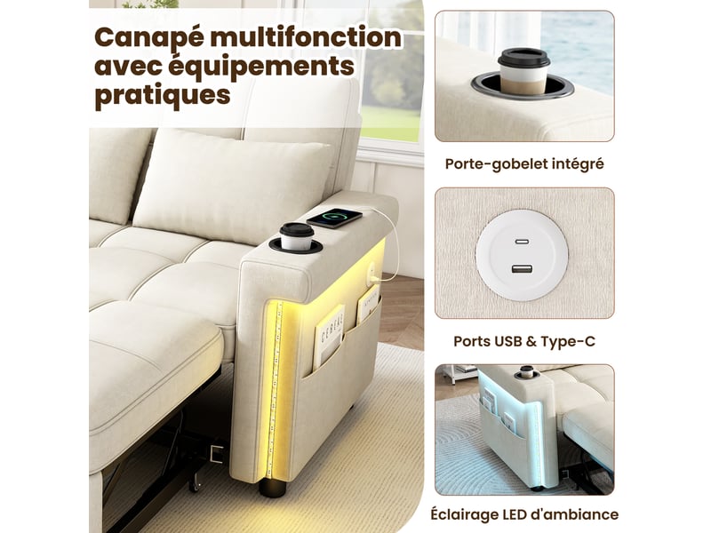  Canapé convertible 2 places 145x141,5x90 cm avec couchage, led, usb type-c, dossier ajustable, coussins, porte-gobelet, poche, chenille, beige  - Conforama D