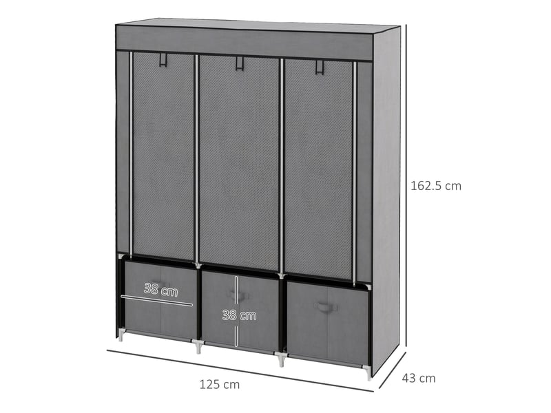 Armoire pliable avec 2 barres, 5 étagères et 3 tiroirs pour chambre, en acier et tissu, gris foncé 125 × 43 × 162,5 cm - Conforama C