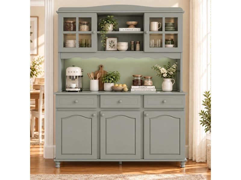  Buffet haut 135x40x185 cm avec led, prises usb-c et usb-a, buffet cuisine avec étagères réglables en panneau de particules - gris  - Conforama D