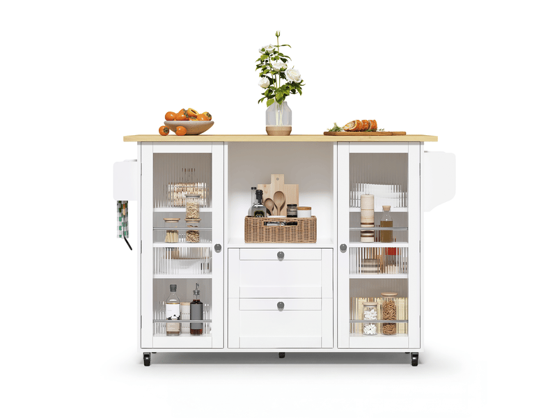Îlot de cuisine mobile 120 × 45(70) × 92 cm naturel et blanc, mdf, plateau rabattable, 2 tiroirs et porte-épices - Conforama A