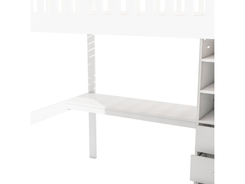 Lit mezzanine 140x200 cm avec bureau, armoire, 3 tiroirs et 3 niches, pin et mdf, blanc, sans matelas - Conforama D