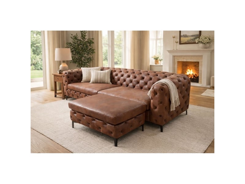  Canapé droit velena marron avec pouf capitonné – canapé baroque en microfibre avec structure en bois massif  - Conforama B