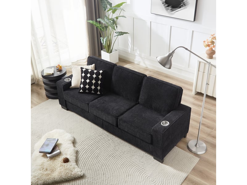  Canapé droit 3 places avec porte-gobelets intégrés  - accoudoirs larges, velours côtelé noir, 206 cm  - Conforama C