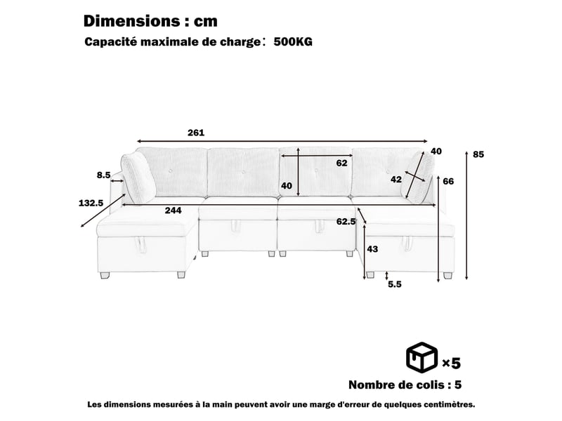  Canapé modulable en u 6 places, canapé d'angle gris antique avec coffre de rangement, velours et velours côtelé (261x132.5cm)  - Conforama B