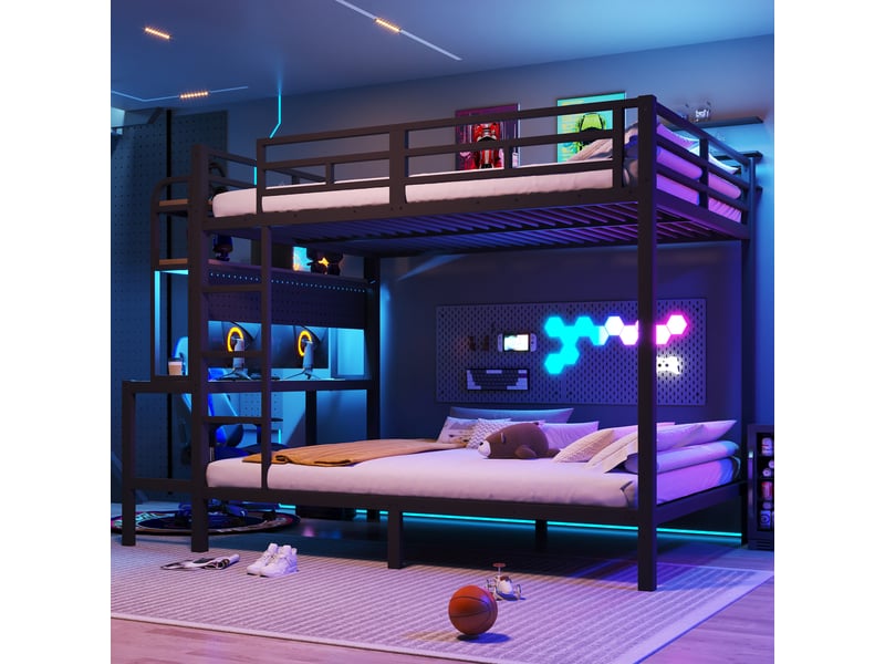  Lit superposé 140x200 cm avec bande lumineuse led et port usb, lit enfant avec étagère et bureau, structure en fer, noir  - Conforama R