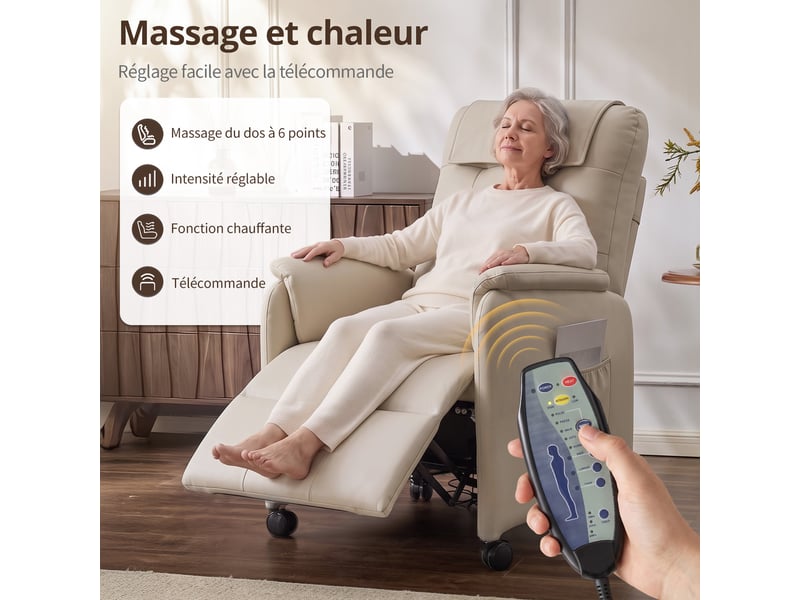 Fauteuil de massage électrique, fauteuil détente pour télévision avec fonction massage et chaleur, 4 roues, blanc crème - Conforama C