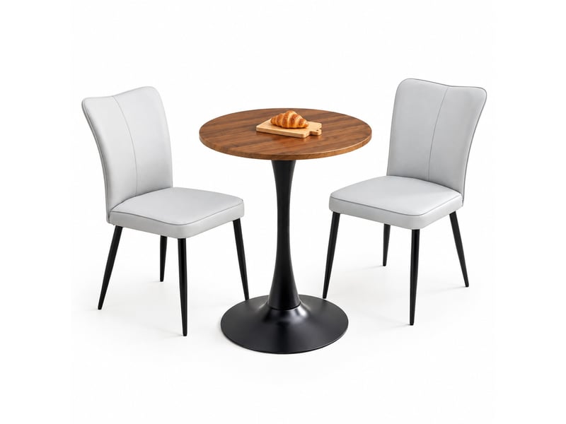 Ensemble table ronde 60 cm et 2 chaises gris clair en cuir régénéré, style moderne pour repas à deux