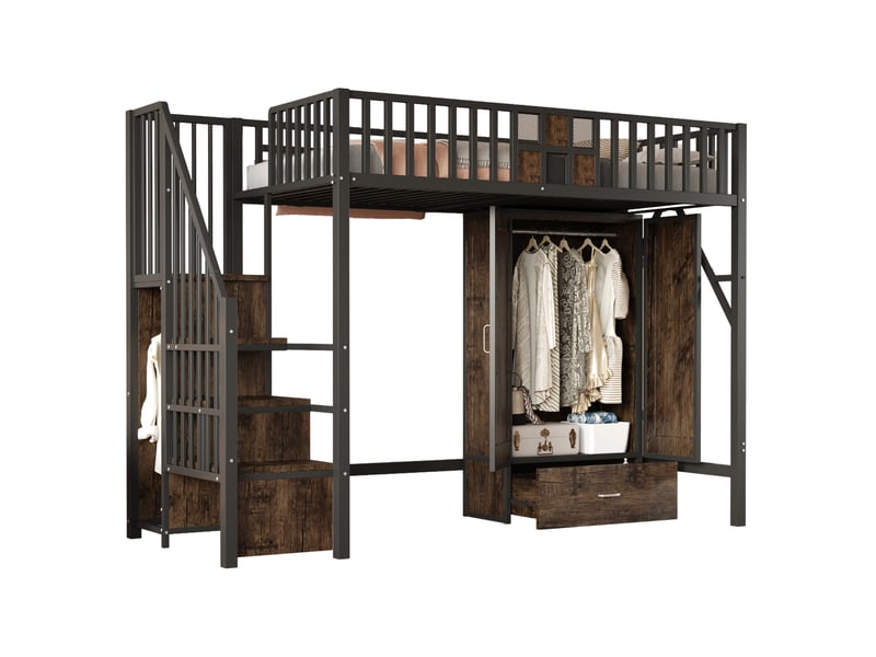  Lit mezzanine 90x200 cm – noir – armoire amovible, tiroir et escalier de rangement en métal et mdf, sans matelas  - Conforama A