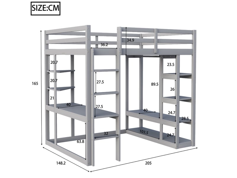  Lit mezzanine enfant 140x200 cm – gris – bureau, étagères et penderie intégrés, gain de place – sans matelas  - Conforama C