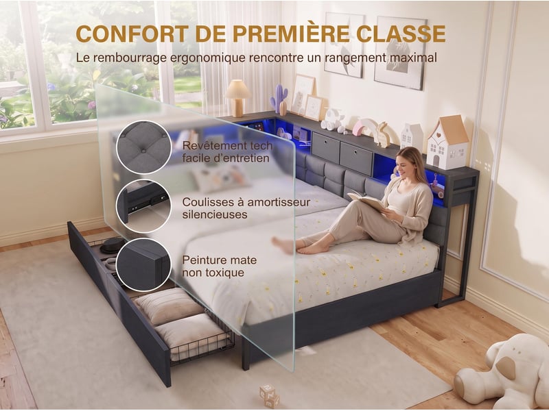  Lit adulte 90 x 200 cm – éclairage led – ports usb –  2 tiroirs - sommier à lattes - espace de rangement sous le lit - lin gris  - Conforama D