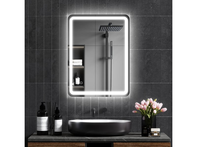  Miroir de salle de bain 60 x 80 cm, miroir led mural avec 3 couleurs lumière, dimmable, mémoire, anti-buée, argent  - Conforama D