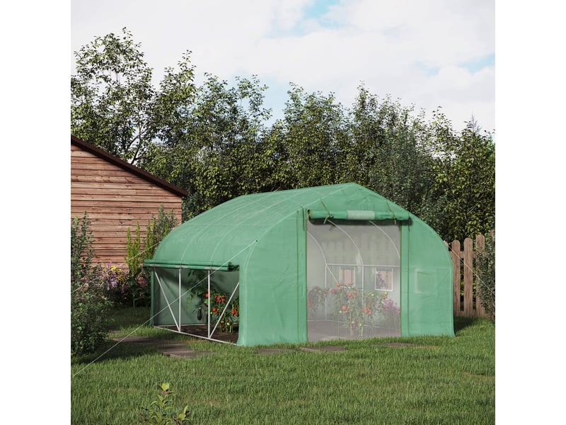  Serre de jardin tunnel 10,4 m² serre de jardin anti-uv porte zippée enroulable fenêtres maille 350 x 300 x 200 cm vert  - Conforama D