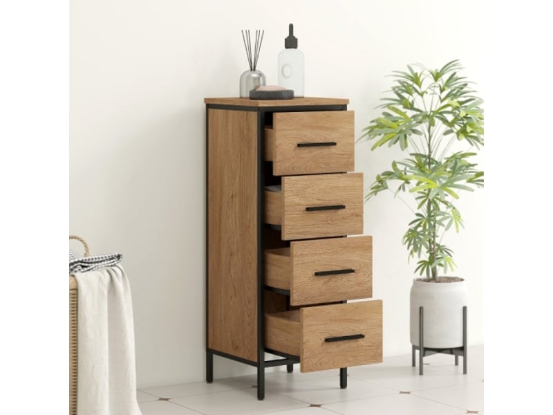 Meuble de salle de bain compact style industriel, 4 tiroirs, panneau de particules et métal, rangement pratique - Conforama C